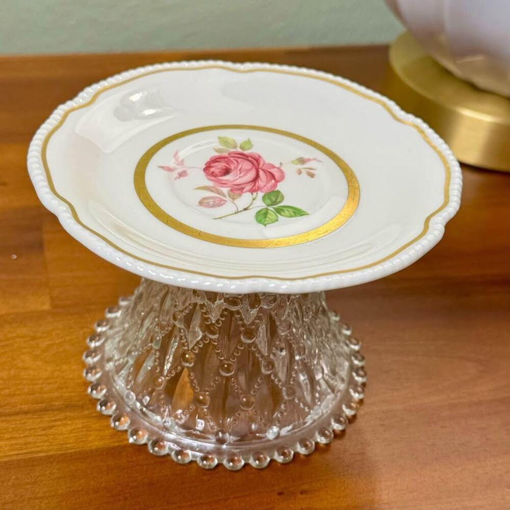 Upcycled Vintage Trinket Dish Hobnail Rose Gold Jewelry Keys Candle Floral
